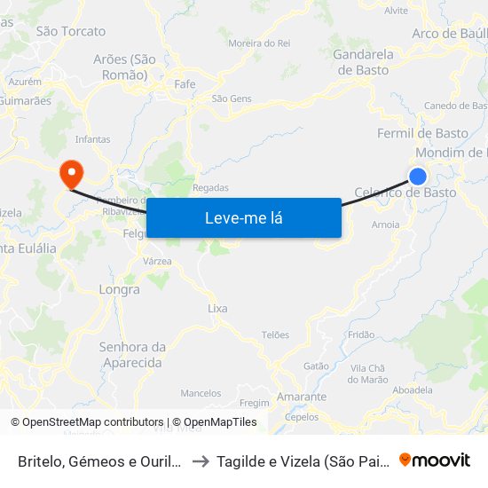 Britelo, Gémeos e Ourilhe to Tagilde e Vizela (São Paio) map