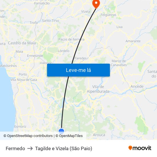Fermedo to Tagilde e Vizela (São Paio) map