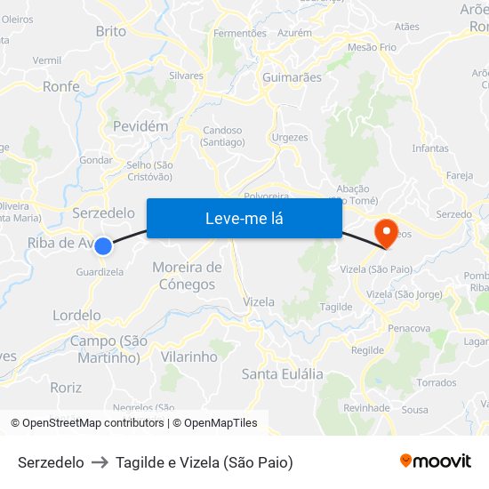 Serzedelo to Tagilde e Vizela (São Paio) map