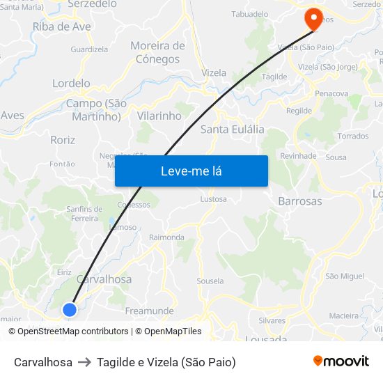 Carvalhosa to Tagilde e Vizela (São Paio) map