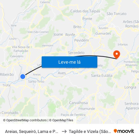 Areias, Sequeiró, Lama e Palmeira to Tagilde e Vizela (São Paio) map