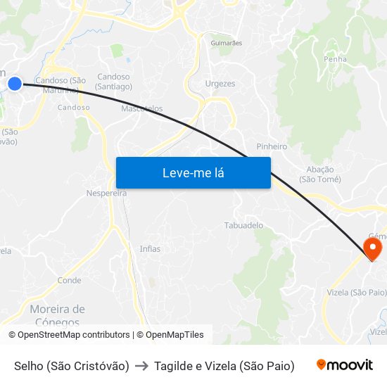 Selho (São Cristóvão) to Tagilde e Vizela (São Paio) map