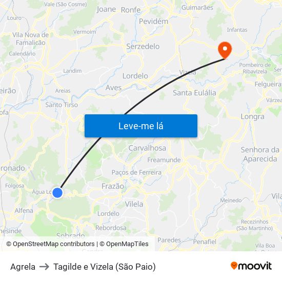 Agrela to Tagilde e Vizela (São Paio) map