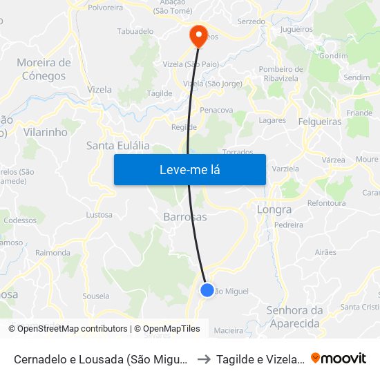 Cernadelo e Lousada (São Miguel e Santa Margarida) to Tagilde e Vizela (São Paio) map