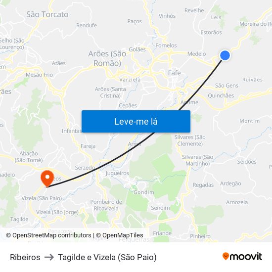 Ribeiros to Tagilde e Vizela (São Paio) map