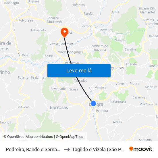 Pedreira, Rande e Sernande to Tagilde e Vizela (São Paio) map