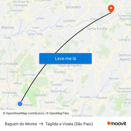 Baguim do Monte to Tagilde e Vizela (São Paio) map