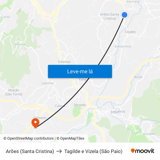 Arões (Santa Cristina) to Tagilde e Vizela (São Paio) map