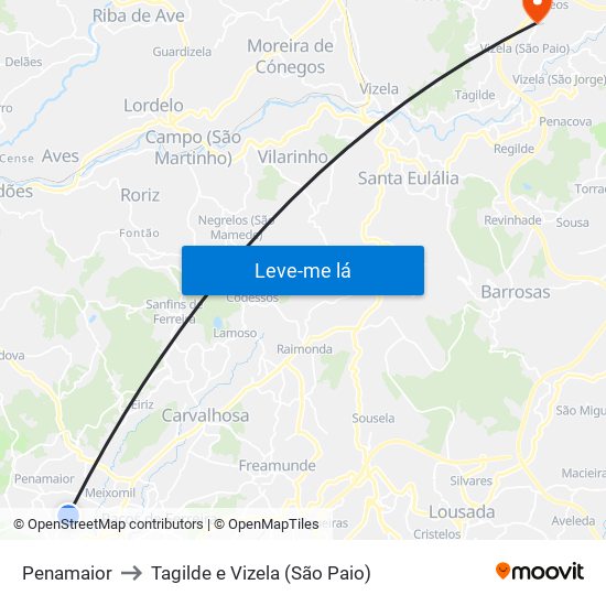 Penamaior to Tagilde e Vizela (São Paio) map