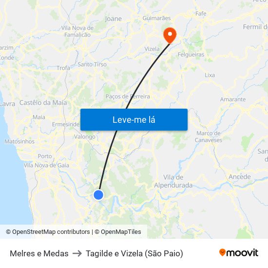 Melres e Medas to Tagilde e Vizela (São Paio) map