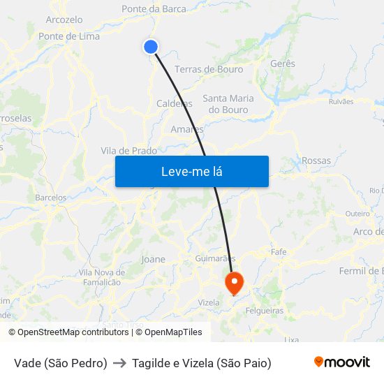 Vade (São Pedro) to Tagilde e Vizela (São Paio) map