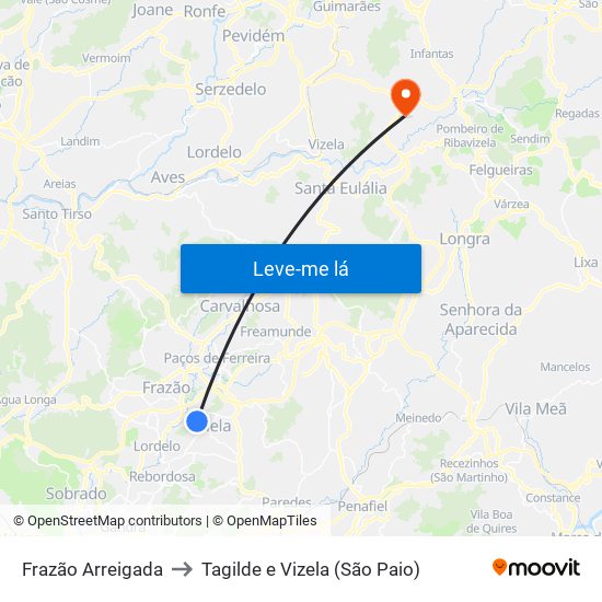 Frazão Arreigada to Tagilde e Vizela (São Paio) map