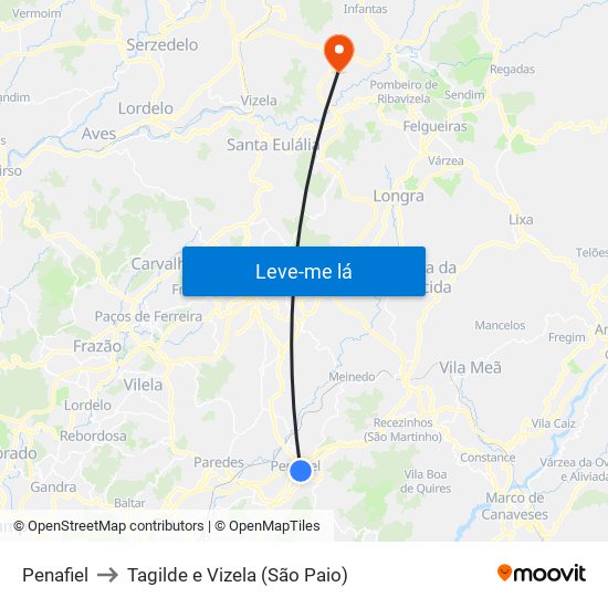 Penafiel to Tagilde e Vizela (São Paio) map