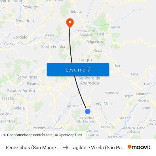 Recezinhos (São Mamede) to Tagilde e Vizela (São Paio) map