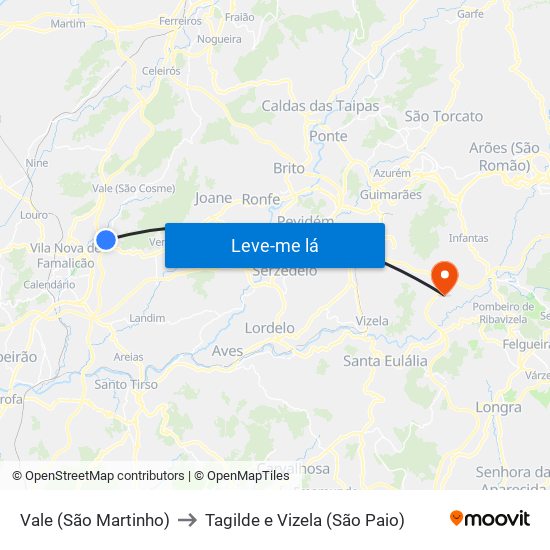 Vale (São Martinho) to Tagilde e Vizela (São Paio) map