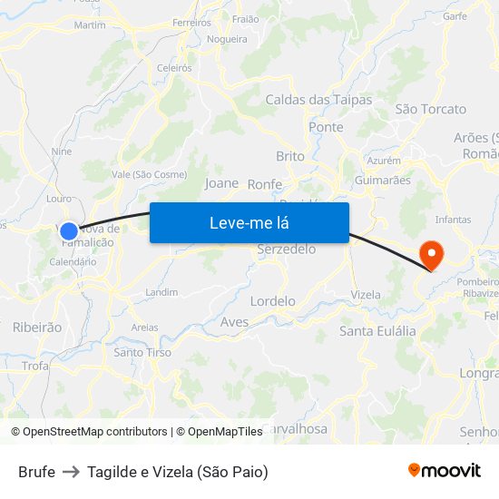 Brufe to Tagilde e Vizela (São Paio) map