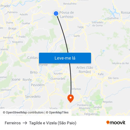 Ferreiros to Tagilde e Vizela (São Paio) map