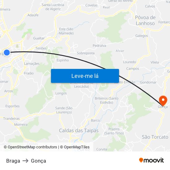 Braga to Gonça map