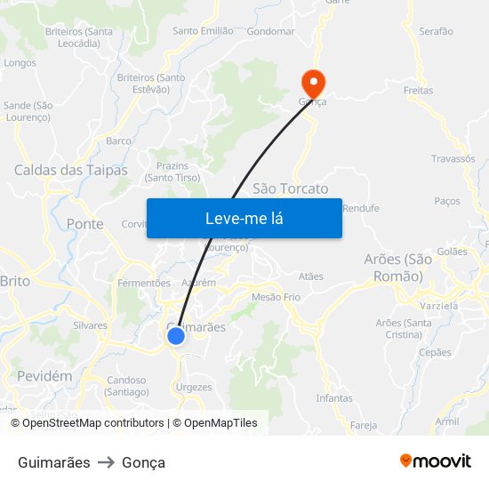 Guimarães to Gonça map