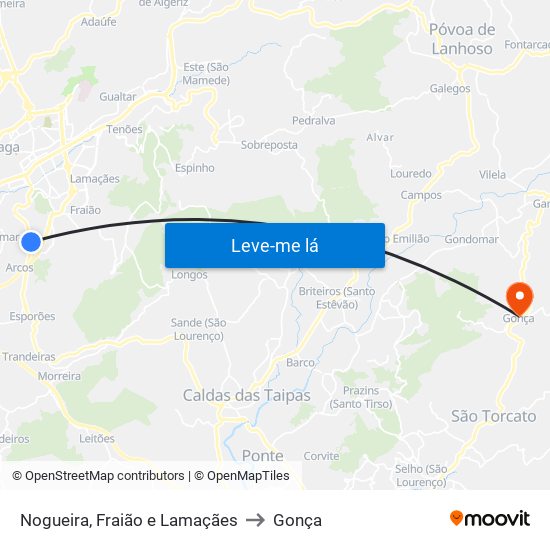 Nogueira, Fraião e Lamaçães to Gonça map