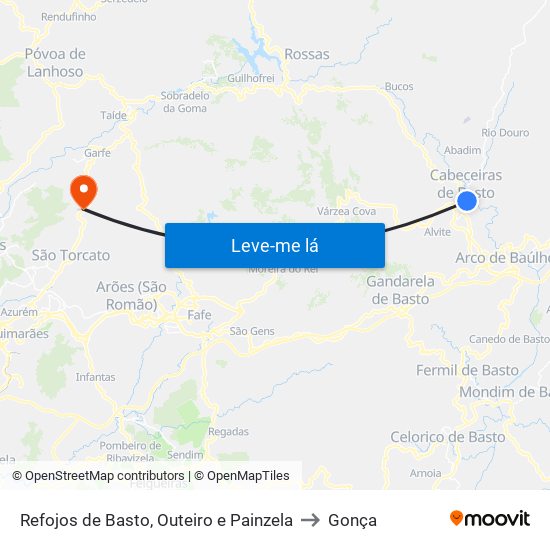 Refojos de Basto, Outeiro e Painzela to Gonça map