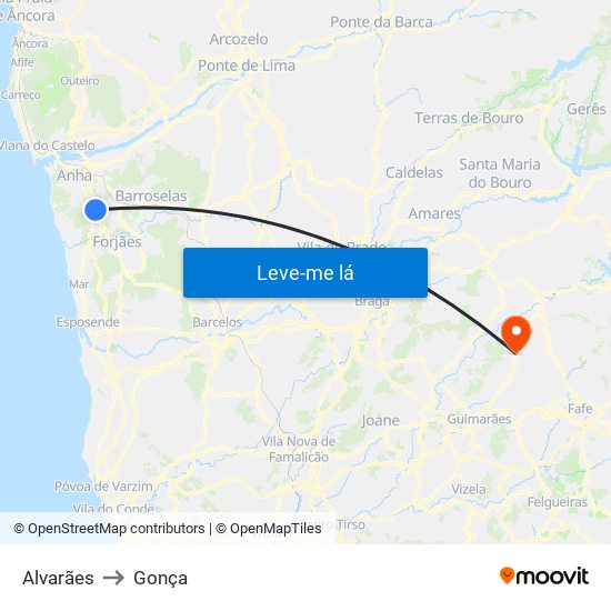 Alvarães to Gonça map