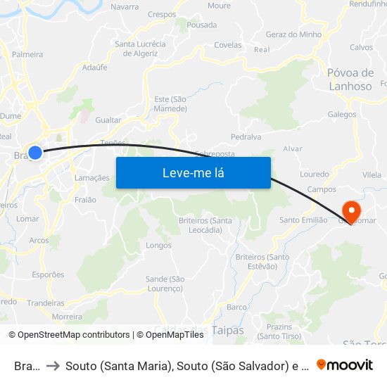 Braga to Souto (Santa Maria), Souto (São Salvador) e Gondomar map