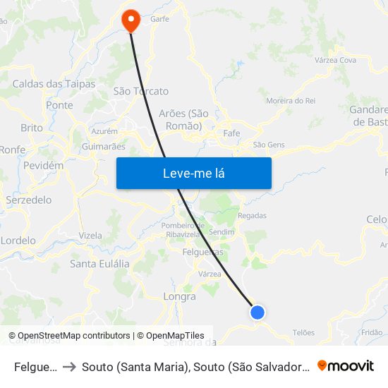 Felgueiras to Souto (Santa Maria), Souto (São Salvador) e Gondomar map