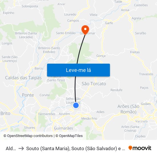 Aldão to Souto (Santa Maria), Souto (São Salvador) e Gondomar map