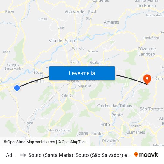Adães to Souto (Santa Maria), Souto (São Salvador) e Gondomar map