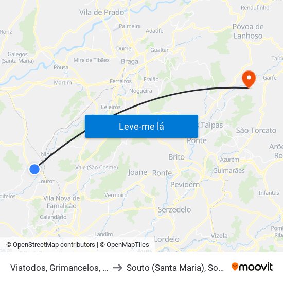 Viatodos, Grimancelos, Minhotães e Monte de Fralães to Souto (Santa Maria), Souto (São Salvador) e Gondomar map
