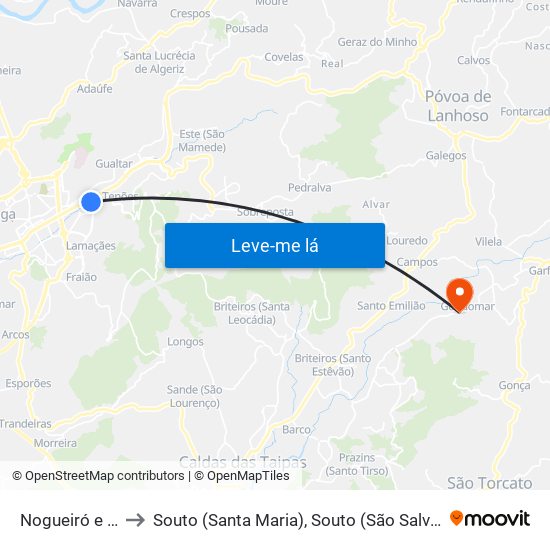 Nogueiró e Tenões to Souto (Santa Maria), Souto (São Salvador) e Gondomar map