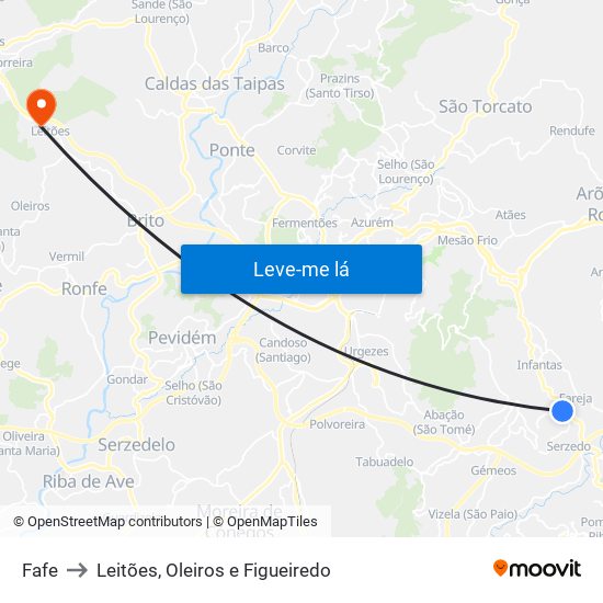 Fafe to Leitões, Oleiros e Figueiredo map