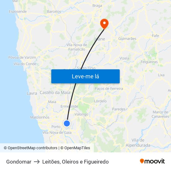 Gondomar to Leitões, Oleiros e Figueiredo map