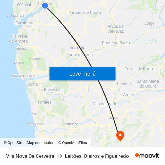 Vila Nova De Cerveira to Leitões, Oleiros e Figueiredo map