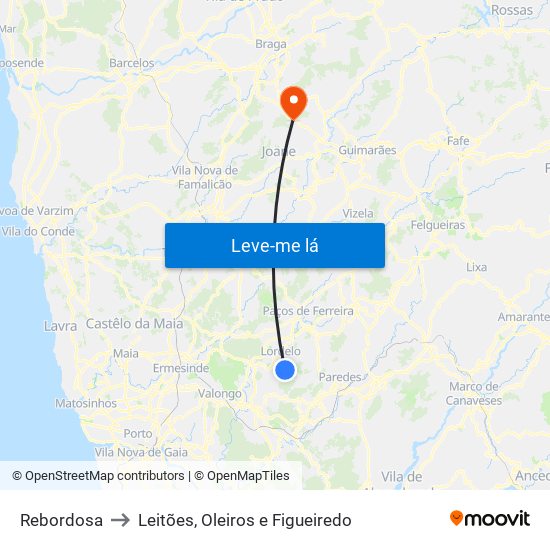 Rebordosa to Leitões, Oleiros e Figueiredo map