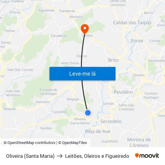 Oliveira (Santa Maria) to Leitões, Oleiros e Figueiredo map