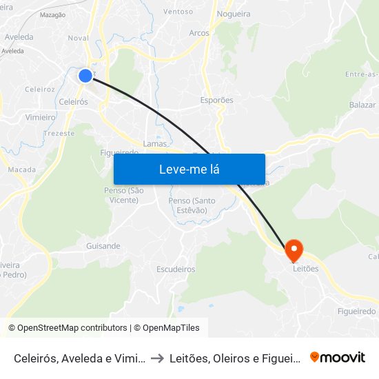 Celeirós, Aveleda e Vimieiro to Leitões, Oleiros e Figueiredo map