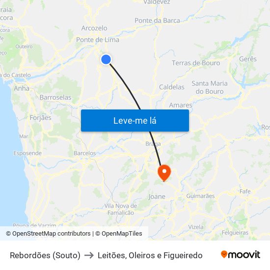 Rebordões (Souto) to Leitões, Oleiros e Figueiredo map