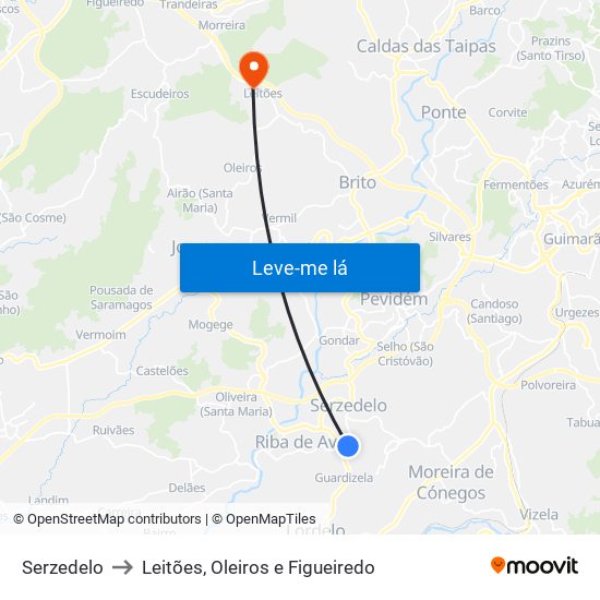 Serzedelo to Leitões, Oleiros e Figueiredo map