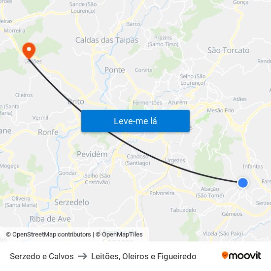 Serzedo e Calvos to Leitões, Oleiros e Figueiredo map