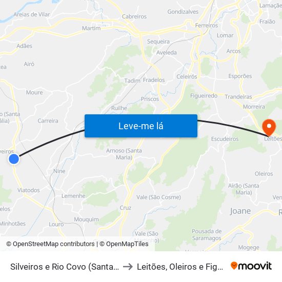 Silveiros e Rio Covo (Santa Eulália) to Leitões, Oleiros e Figueiredo map