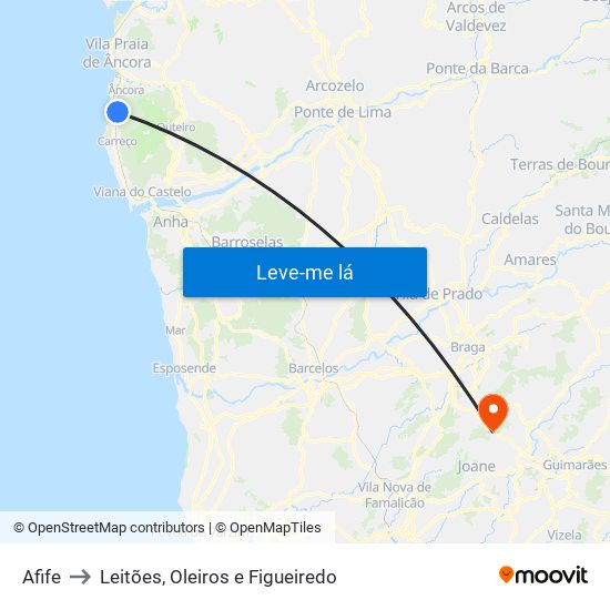 Afife to Leitões, Oleiros e Figueiredo map