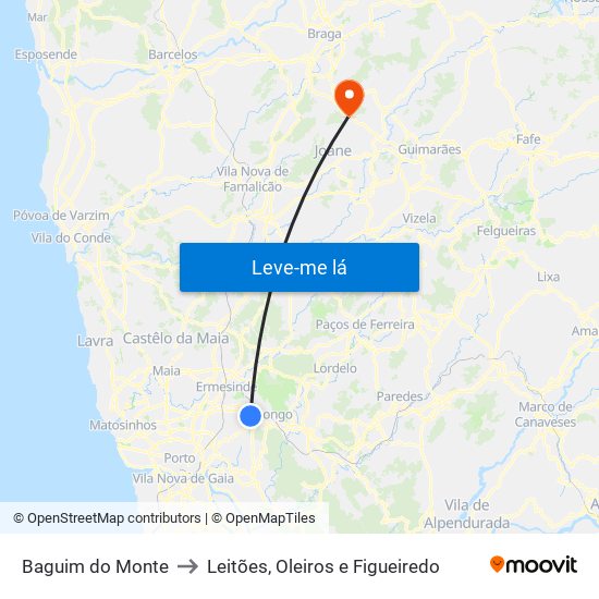 Baguim do Monte to Leitões, Oleiros e Figueiredo map