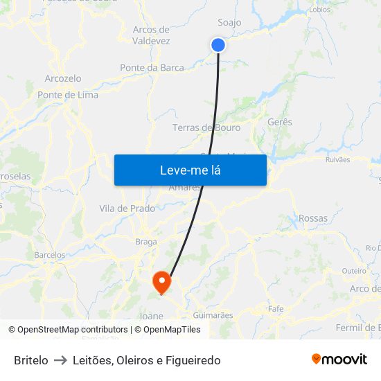 Britelo to Leitões, Oleiros e Figueiredo map