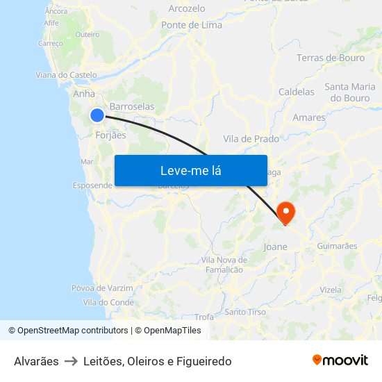 Alvarães to Leitões, Oleiros e Figueiredo map