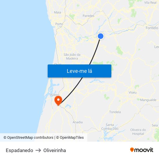 Espadanedo to Oliveirinha map
