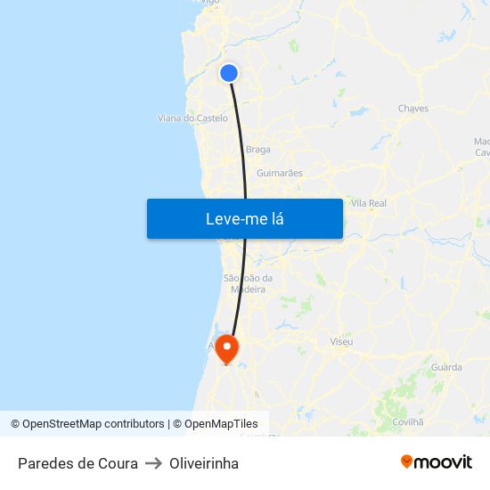 Paredes de Coura to Oliveirinha map