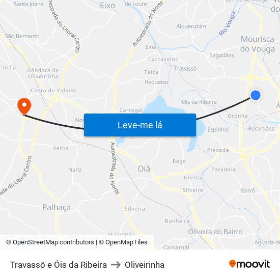 Travassô e Óis da Ribeira to Oliveirinha map