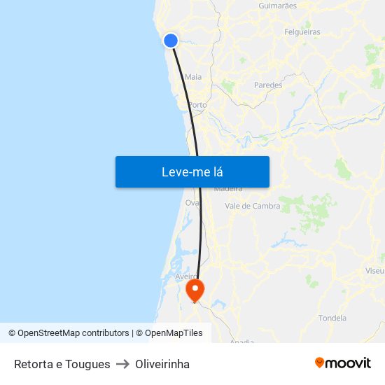 Retorta e Tougues to Oliveirinha map